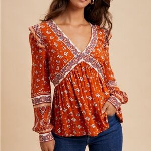 Floral Print Boho Blouse in Rust
